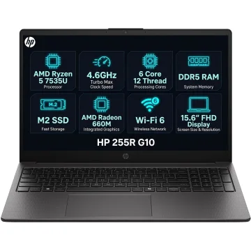 HP 255R G10 ,AMD Ryzen 5 7535U (2,9 GHz). RAM: 8GB DDR5-SDRAM. Pohrana: 512 GB NVMe SSD. Integrirana grafička kartica: AMD Radeon 660M. Zaslon: 15,6" Full HD (1920 × 1080).